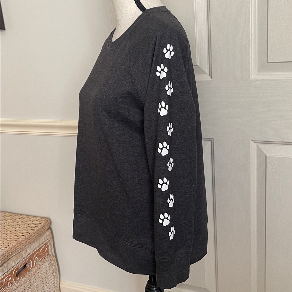 Instant Message Charcoal Sweatshirt with White Paw Print Sleeve Size S